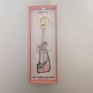Piper-K Golf Bag Clubs Key Ring Chain Charm Gold Tone Glass Stones Crystals